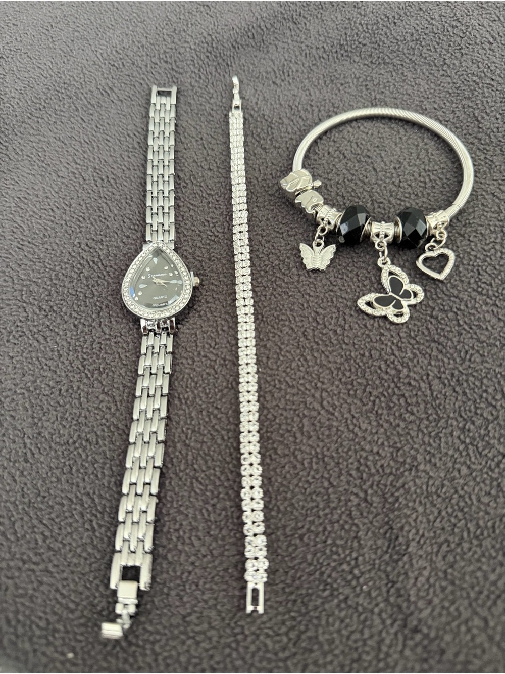Silver-Tone Women's Bracelet Set with Black Beads and Charm Bangle